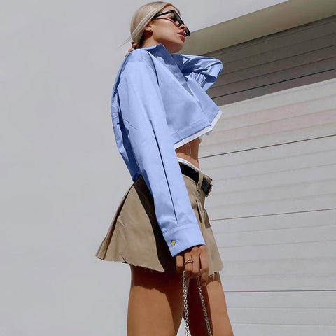 Camisa corta de manga larga con ribete desgastado y deconstruido - Azul