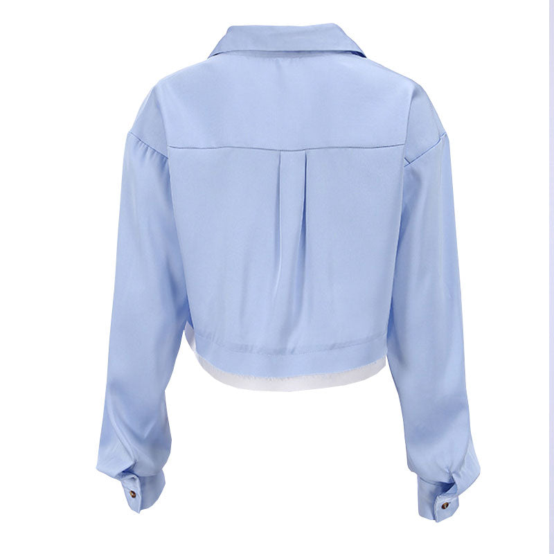 Camisa corta de manga larga con ribete desgastado y deconstruido - Azul