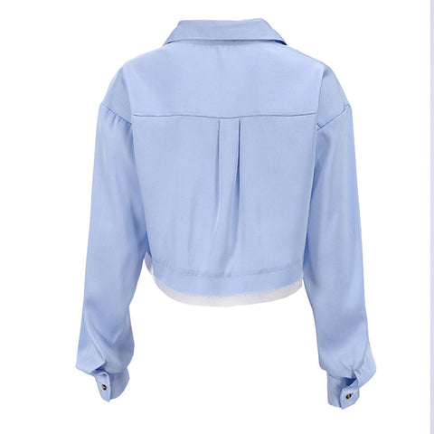 Camisa corta de manga larga con ribete desgastado y deconstruido - Azul