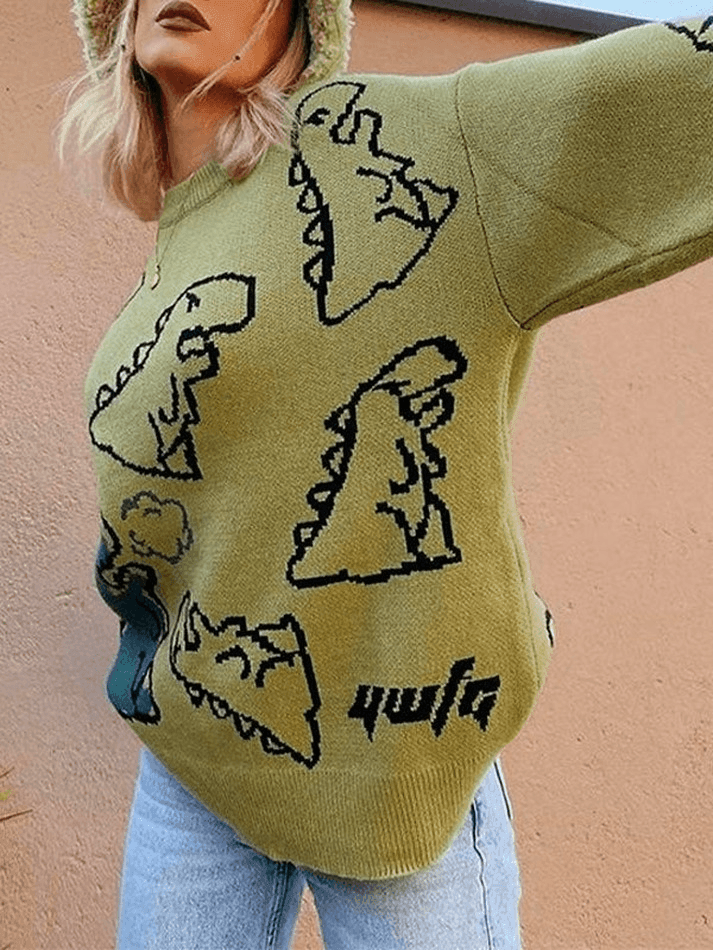 Rundhals-Strickpullover mit Dinosaurier-Motiv