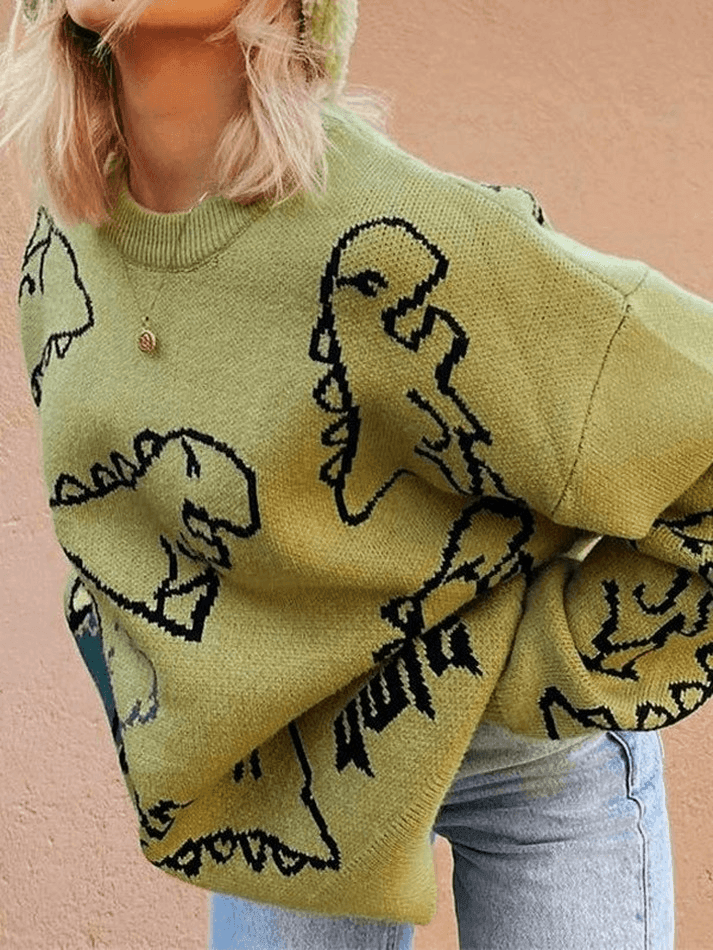 Rundhals-Strickpullover mit Dinosaurier-Motiv