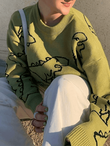 Rundhals-Strickpullover mit Dinosaurier-Motiv