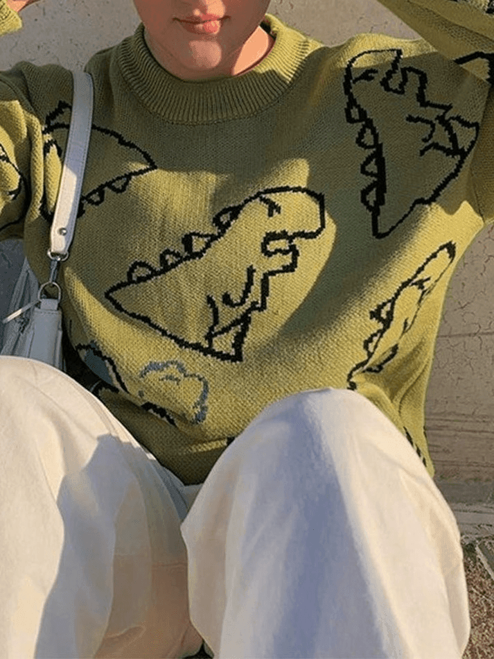 Rundhals-Strickpullover mit Dinosaurier-Motiv