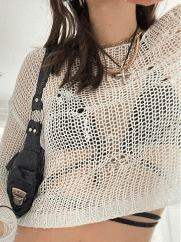 Crop Top mit Häkelstrickmuster und langen Ärmeln im Used-Look