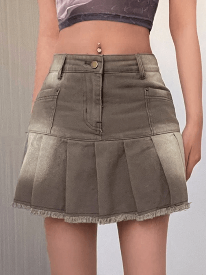 Distressed Pleated Denim Mini Skirt