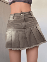 Distressed Pleated Denim Mini Skirt