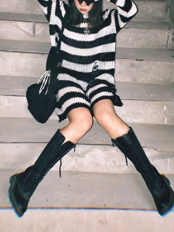 Distressed Stripe Longline Sweater