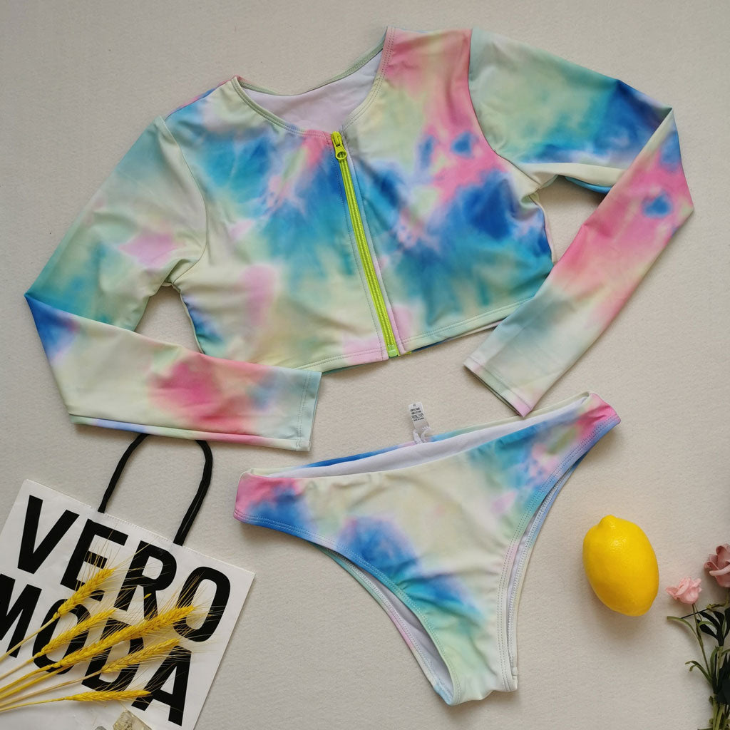 Dreamy Tie Dye Long Sleeve Crop Rash Guard Bikini Set - Multicolor