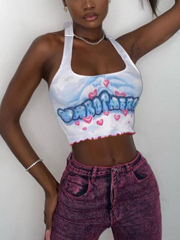 Top corto con estampado de letras y corazones con cuello halter