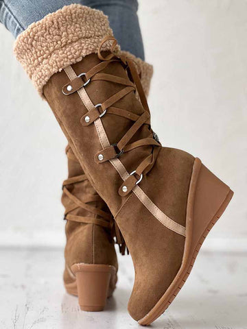 Fuzzy Tassel Wedge Calf Boots