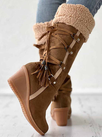 Fuzzy Tassel Wedge Calf Boots