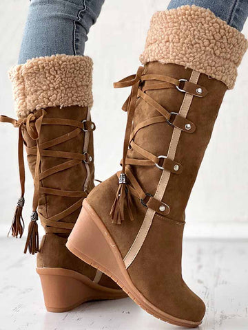 Fuzzy Tassel Wedge Calf Boots