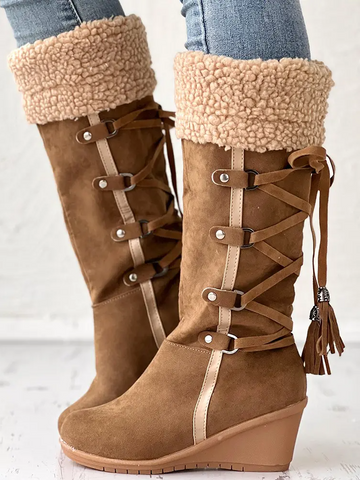 Fuzzy Tassel Wedge Calf Boots