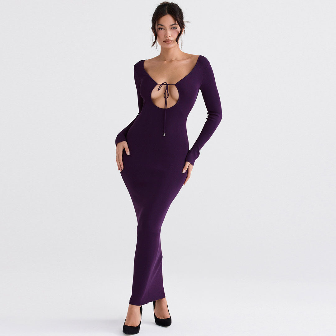Vestido largo ajustado de manga larga en color liso - Morado