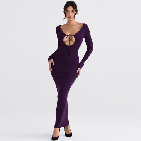 Vestido largo ajustado de manga larga en color liso - Morado