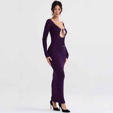Vestido largo ajustado de manga larga en color liso - Morado