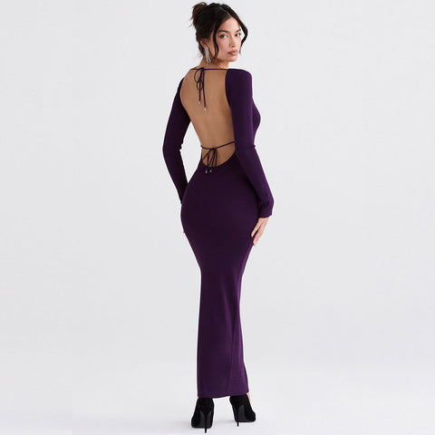 Vestido largo ajustado de manga larga en color liso - Morado