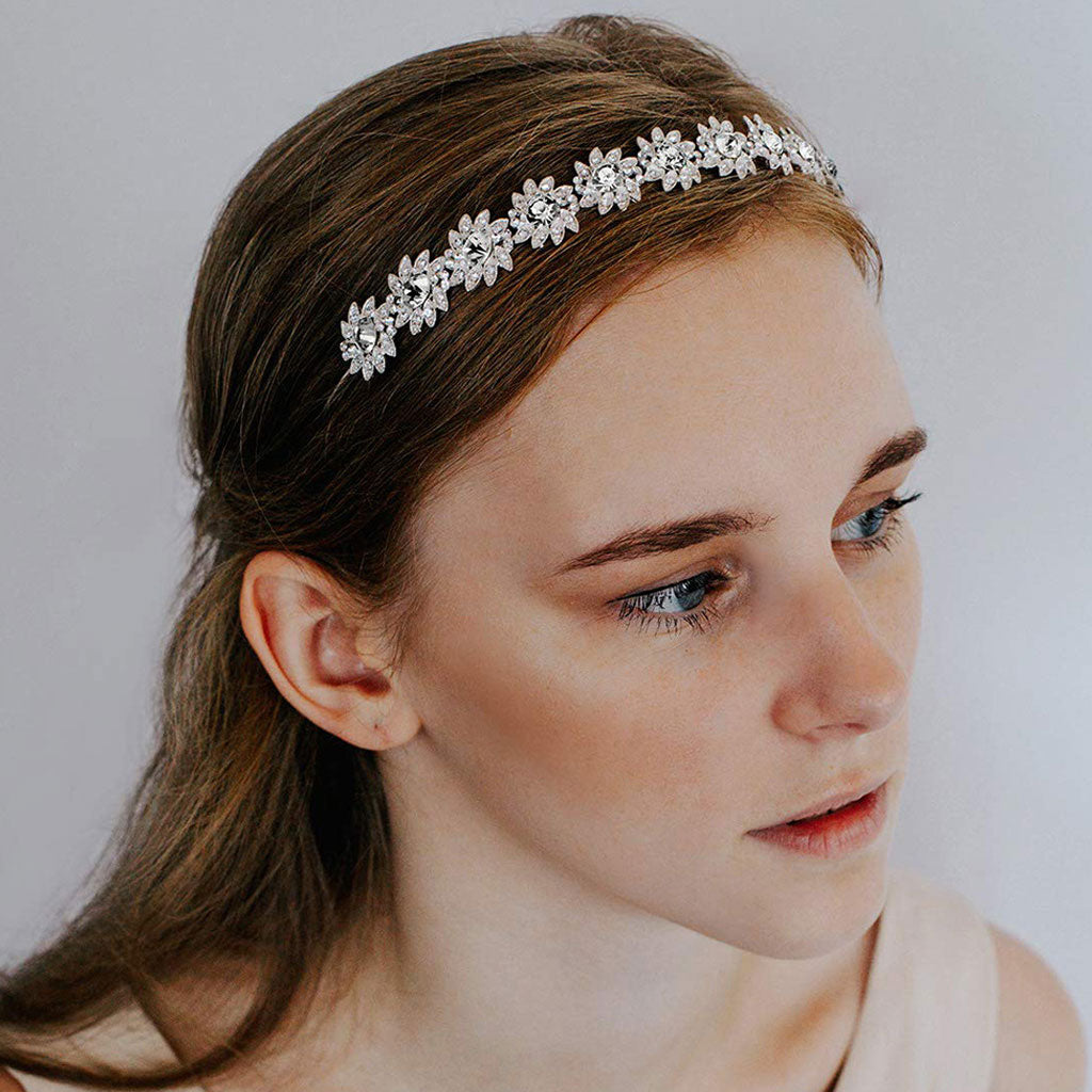 Sunburst Bloom Crystal Rhinestone Embellished Headband - Silver