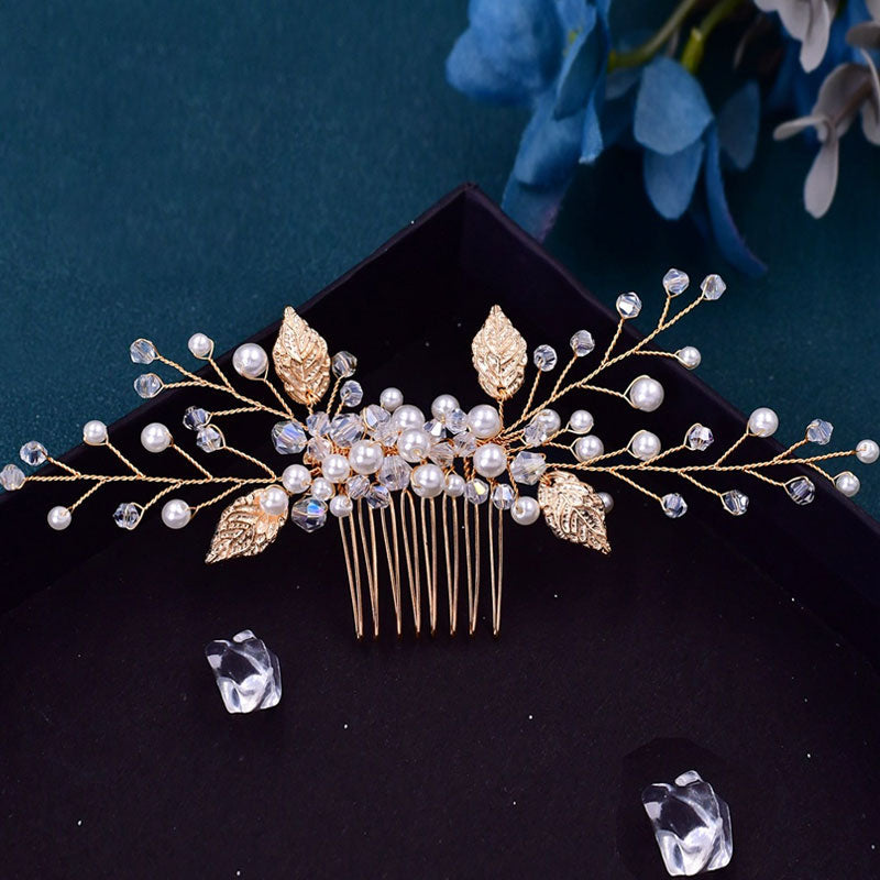 Embossed Leaf Branch Trim Pearl Crystal Embellished Hair Comb - Gold