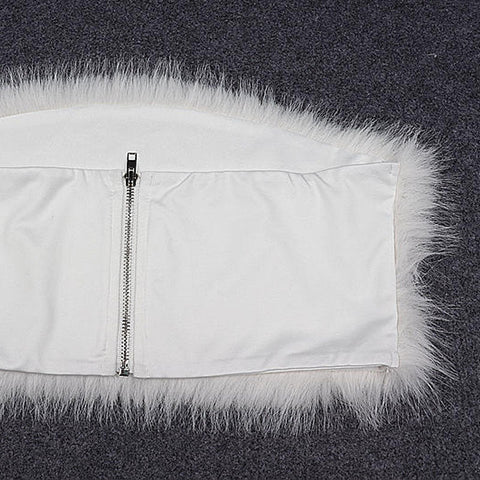 Solid Color Zip Up Fur Strapless Crop Top - Black