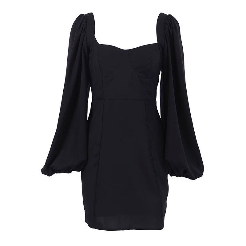 Bishop Sleeve Sweetheart Neck Bodycon Party Mini Dress - Black