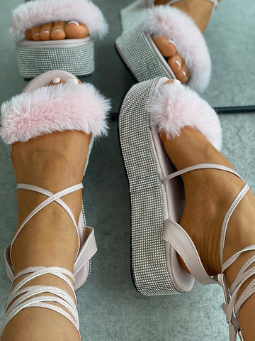 Fluffy Strap Rhinestone Strappy Sandals