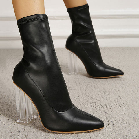 Fabulous Pointed Toe Clear High Heel Sock Ankle Boots - Black