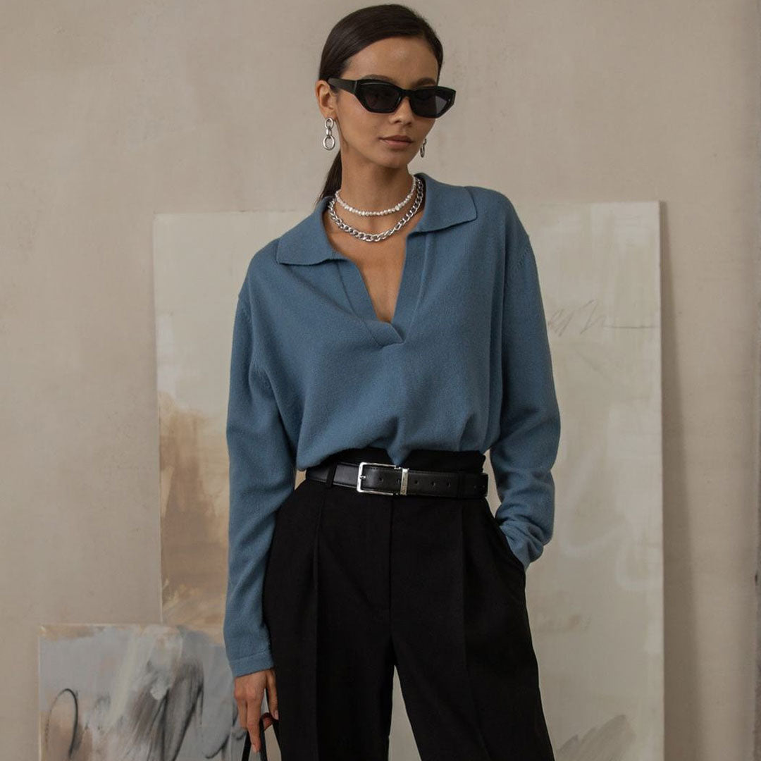 Fabelhafter einfarbiger Langarmpullover mit V-Ausschnitt - Blau