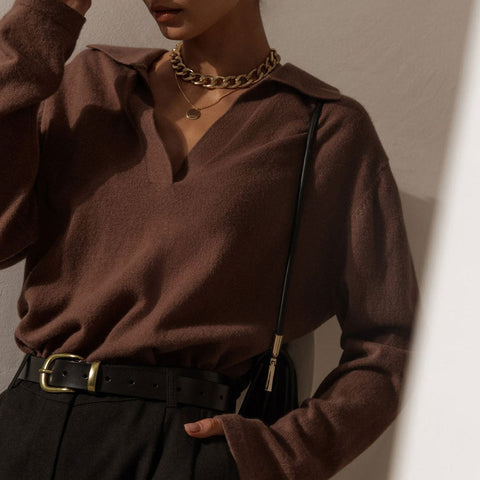 Fabulous Solid Color V Neck Long Sleeve Sweater - Coffee