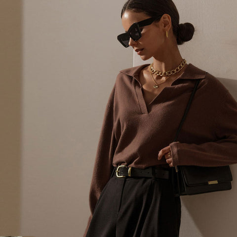 Fabulous Solid Color V Neck Long Sleeve Sweater - Coffee