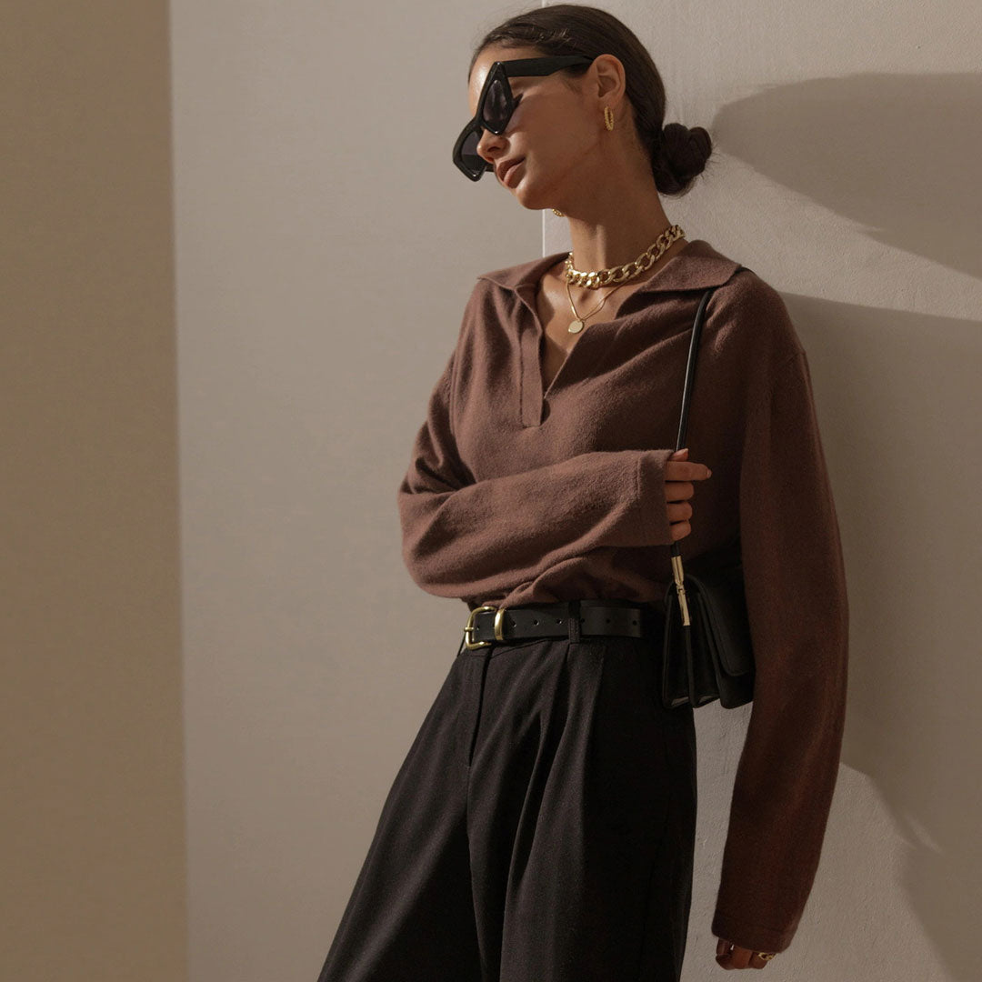 Fabulous Solid Color V Neck Long Sleeve Sweater - Coffee