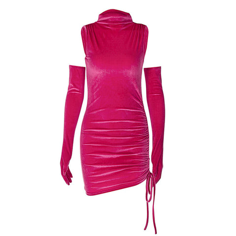 Hochgeschlossenes, gerüschtes, figurbetontes Party-Minikleid - Pink