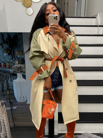 Long Sleeve Belt Turndown Collar Outerwear