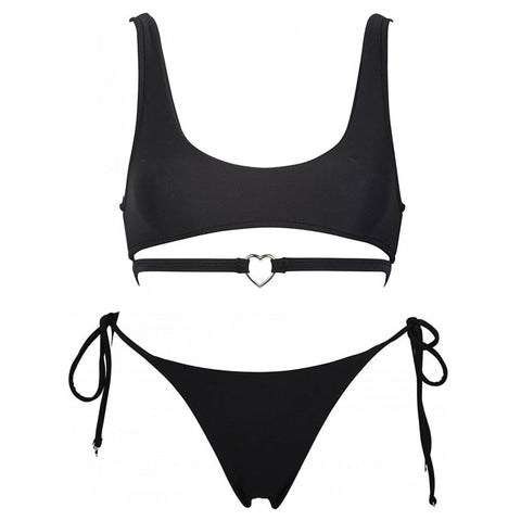 Conjunto de bikini tipo bralette con lazo en forma de corazón - Negro