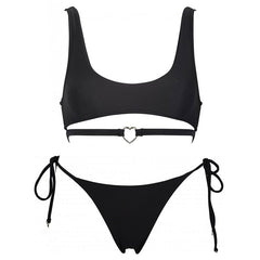 Heart Tie String Bralette Bikini Set - Black