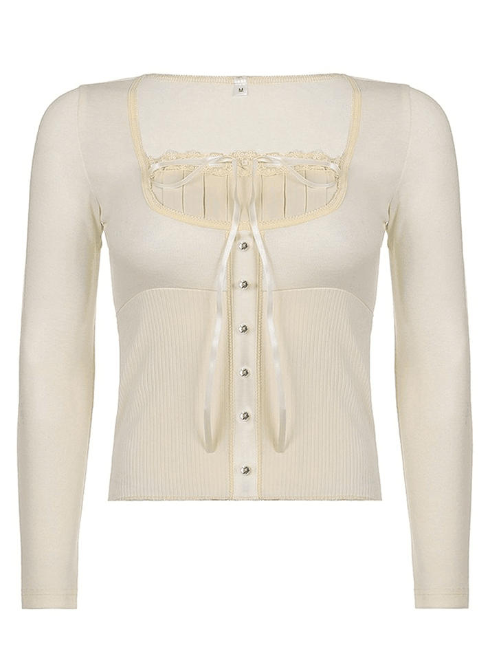 Fleece Bow-Neck Ribbed Lace Blouse