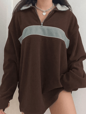 Fleece-Patchwork-Sweatshirt mit halbem Reißverschluss