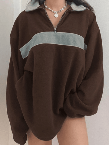 Fleece-Patchwork-Sweatshirt mit halbem Reißverschluss