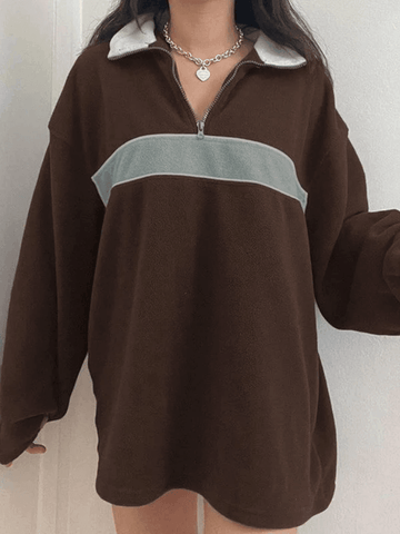 Fleece-Patchwork-Sweatshirt mit halbem Reißverschluss