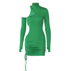 Flirtatious High Neck Cut Out Ruched Long Sleeve Bodycon Mini Dress - Green