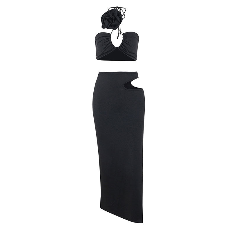 Halter Crop Top Cutout Split Midi Skirt Matching Set - Black