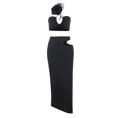 Conjunto a juego con top corto halter y falda midi con abertura - Negro