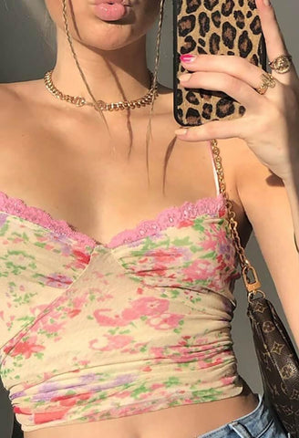 Kurzes Camisole-Top mit floralen Spitzenträgern