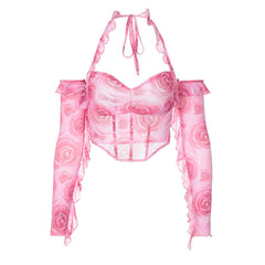 Floral Print Ruched Detail Cold Shoulder Halter Corset Crop Top - Pink