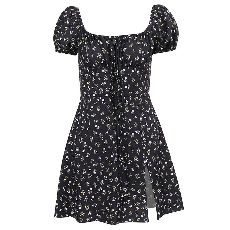 Floral Print Ruched Tie Front Split Trim Puff Sleeve Mini Sundress - Black