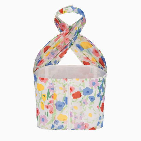 Lindo top corto de tubo con cuello halter cruzado y cremallera en la espalda con estampado floral - Colorido