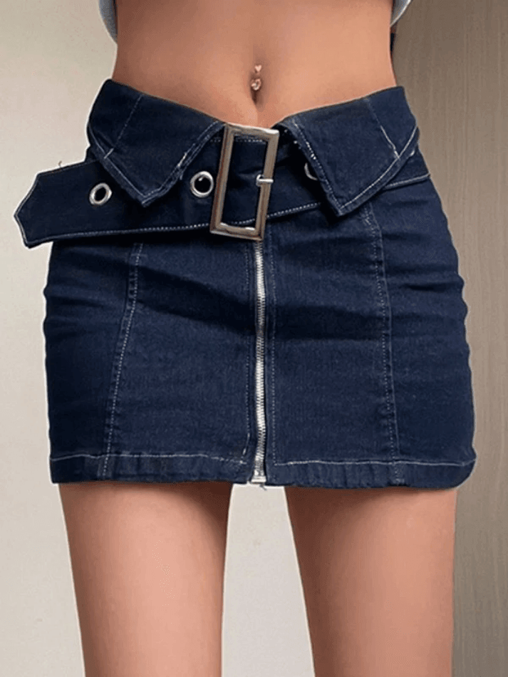Fold Over Buckle Belt Denim Mini Skirt