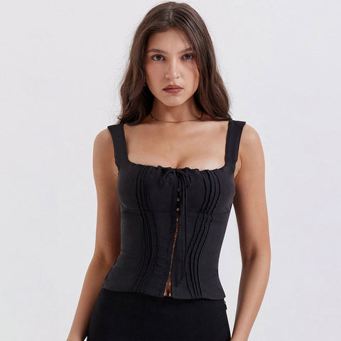 Fresh – Bustier-Tanktop mit quadratischem Ausschnitt und Rüschen und Blumenmuster zum Binden vorne – Schwarz