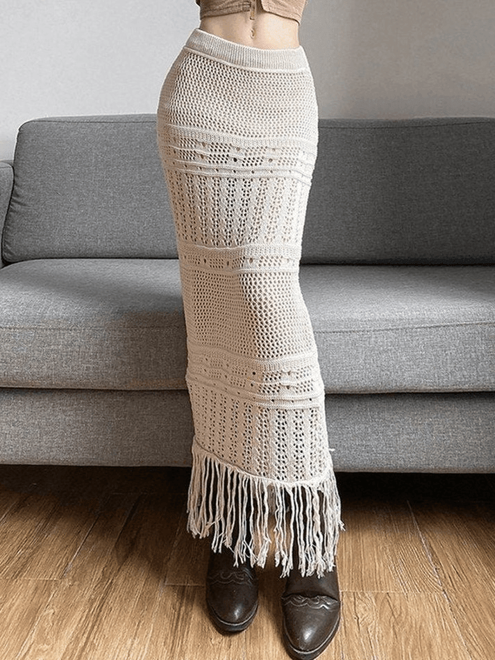 Fringed Crochet Hollow Knit Long Skirt