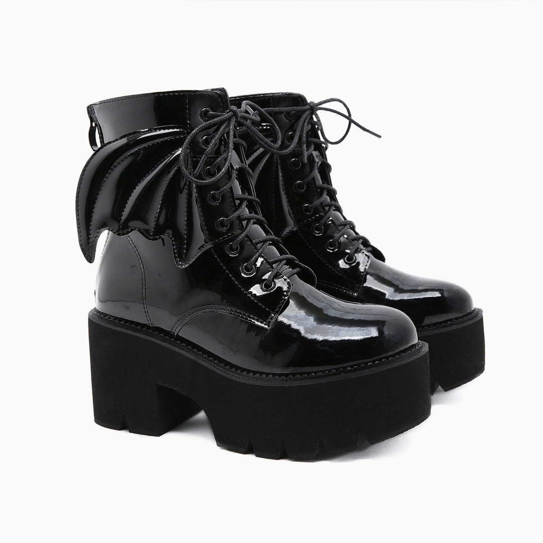 Playful Wing Lace Up Zip Back Chunky Heel Platform Boots - Black